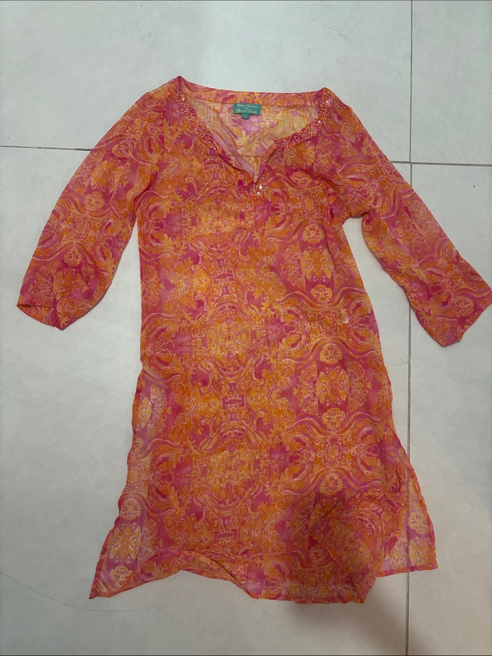 Women's Semi-Sheer Pink and Orange Paisley Long-Sleeve Tunic Dress